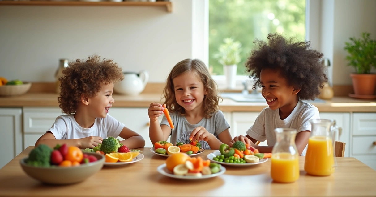 Crianças pequenas sentadas à mesa com alimentos ricos em vitaminas