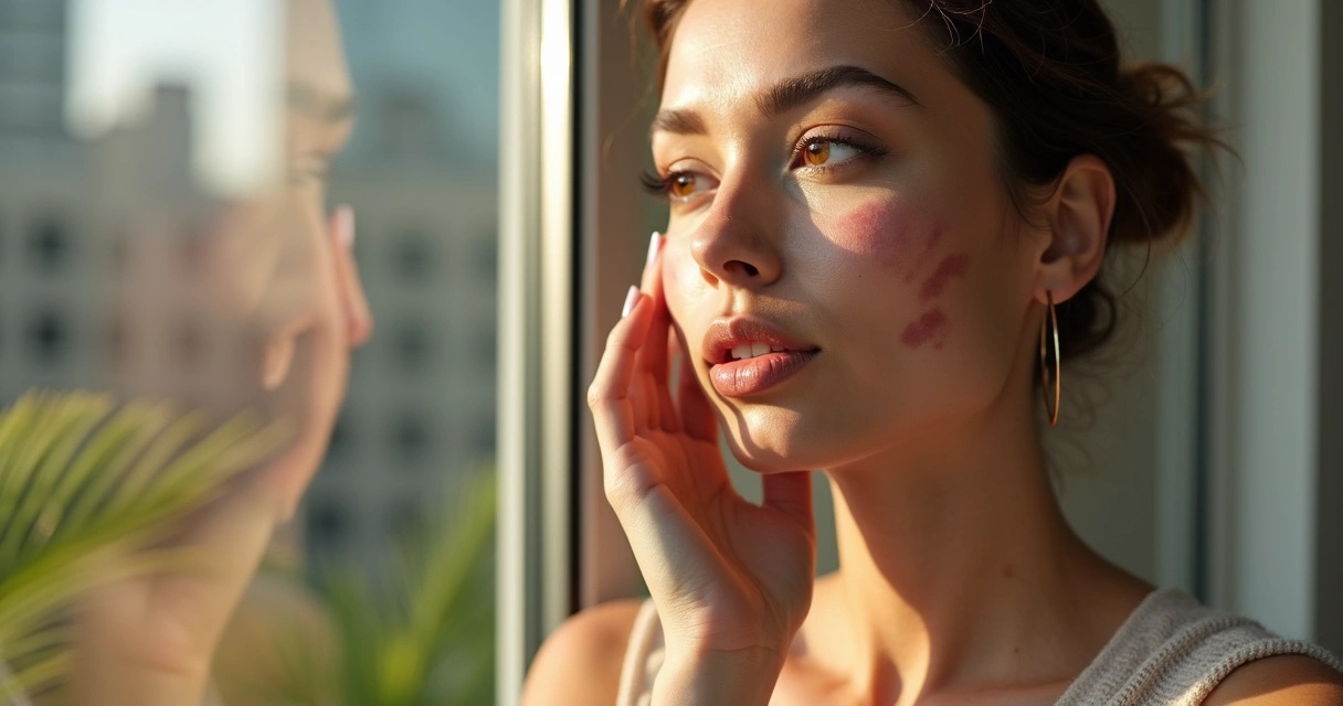 Mulher adulta com melasma no rosto em close, tocando a pele sob luz solar suave