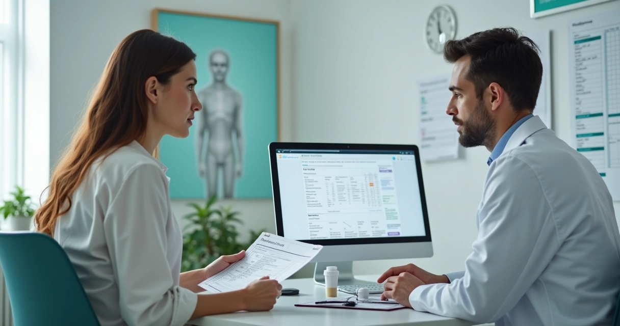 Paciente em consulta médica com olhar de dúvida diante de prescrição genérica