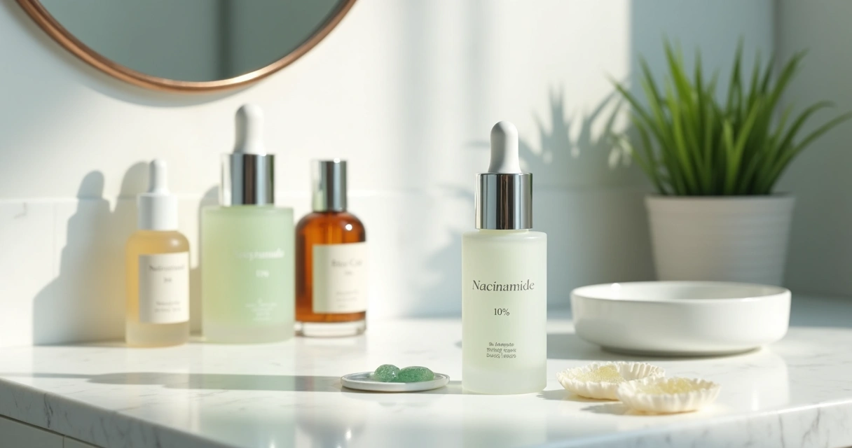 Frascos de cuidados com a pele com niacinamida alinhados em bancada branca minimalista