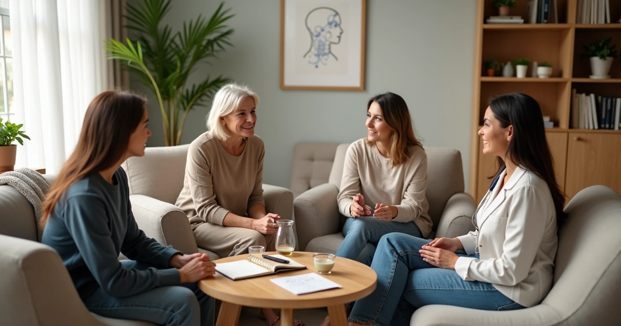 Grupo em roda de conversa sobre saúde em ambiente acolhedor