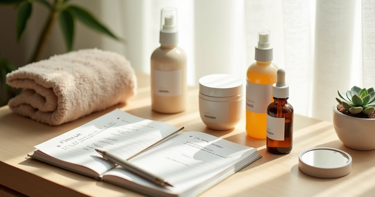 Bancada com cosméticos manipulados organizados para rotina personalizada de cuidados com a pele