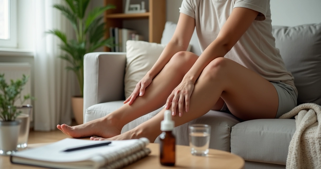 Mulher adulta com lipedema observando as pernas sentada em sofá, em ambiente de autocuidado em casa.