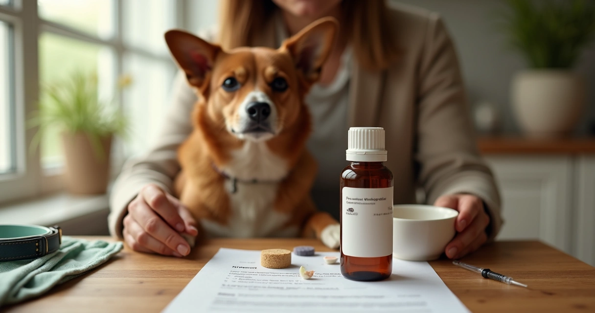 Tutor oferecendo medicamento manipulado com sabor a cachorro sobre mesa de cozinha